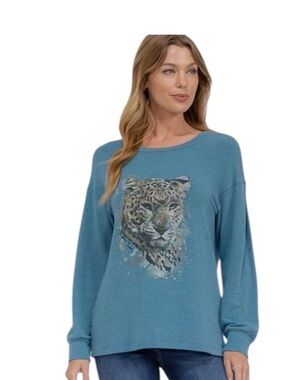 Mystree Teal Blue Leopard Print Long-Sleeve Top